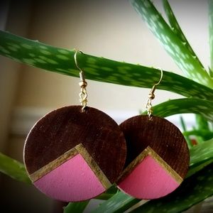Wood Earrings with Pink and Gold Accents